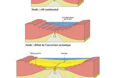 Ouverture océanique et fonctionnement d'une dorsale - phénomène d'accrétion - infographie